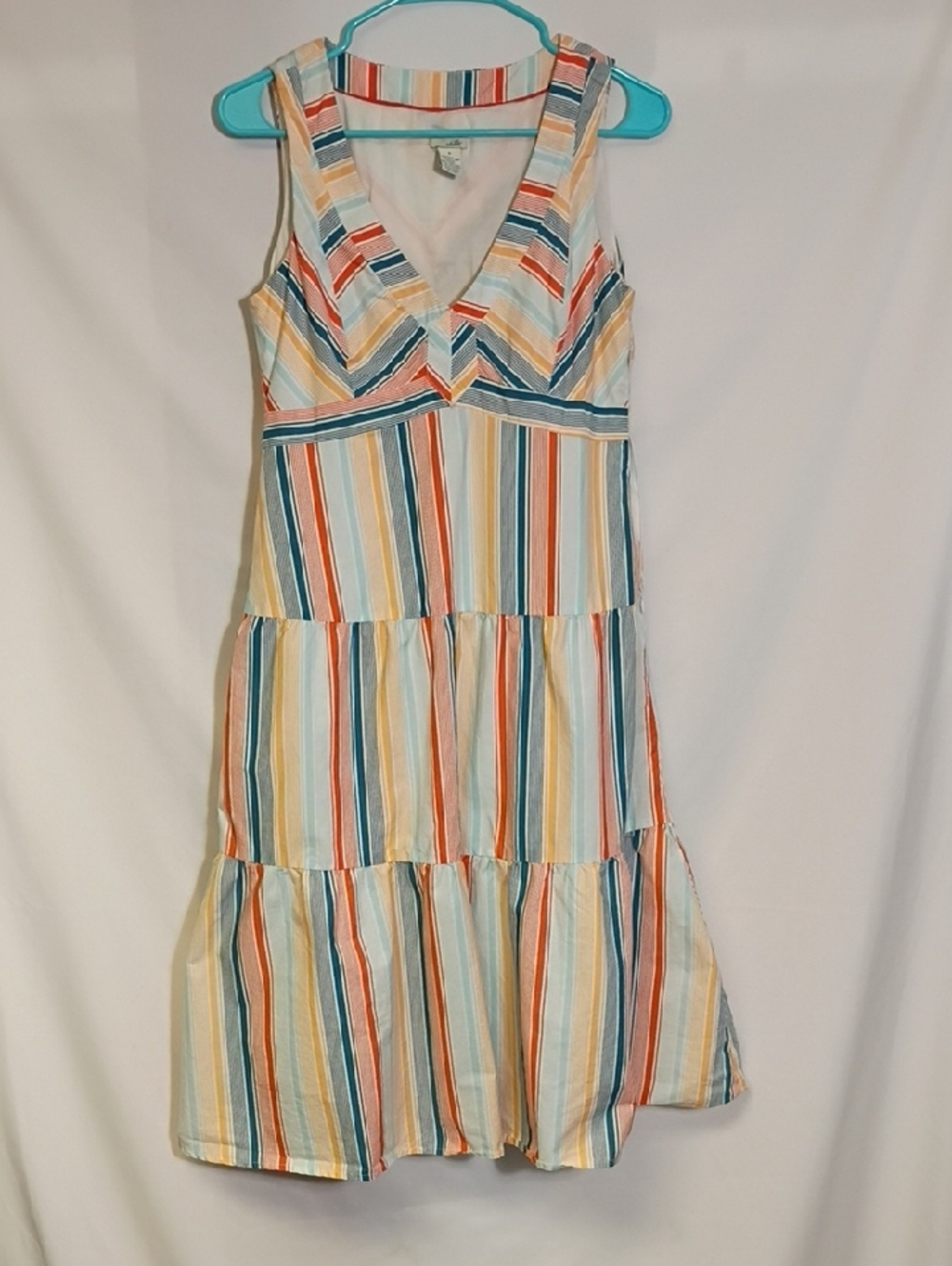 EUC Odille Striped V-Neck Tiered Midi Dress Striped Womens Size 8 Cotton Summer